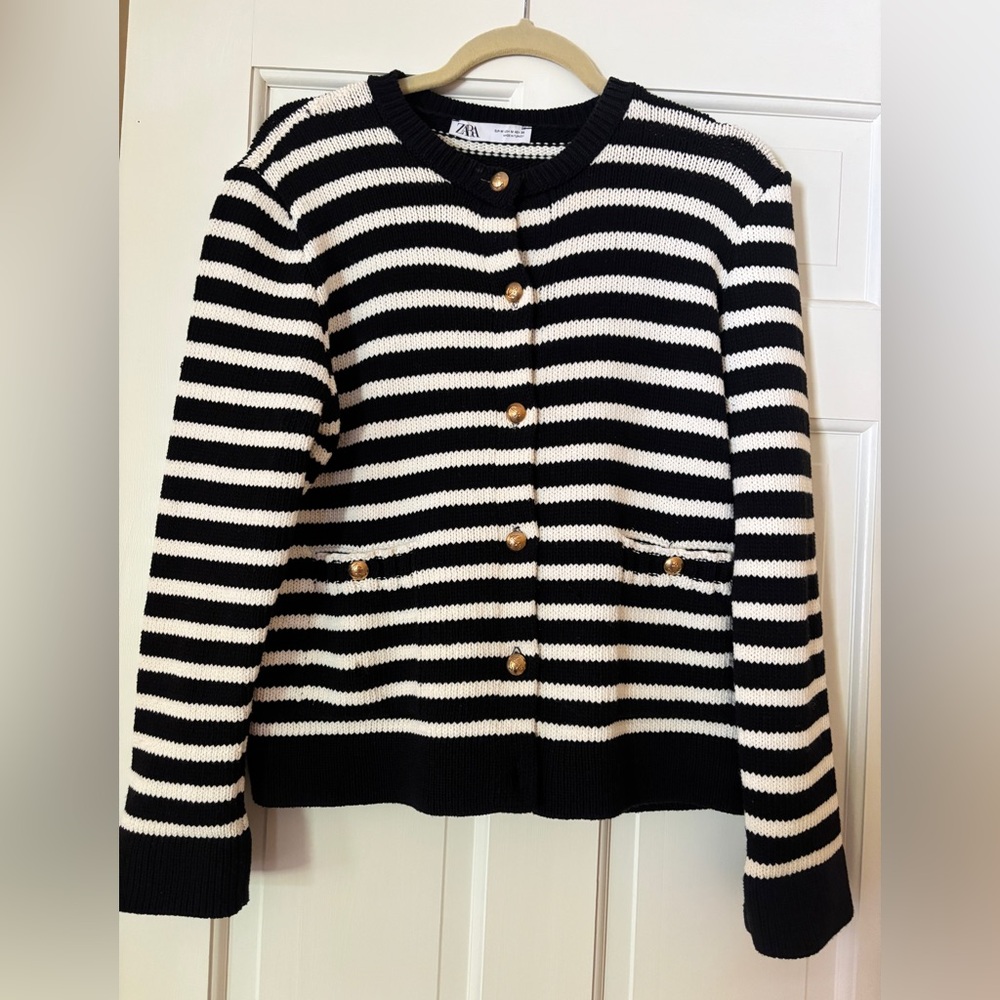Zara Women's Black and White Striped Cardigan with Gold Buttons